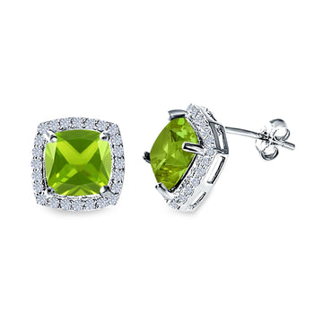 Cushion Cut Stud Earrings Simulated Peridot CZ 925 Sterling Silver